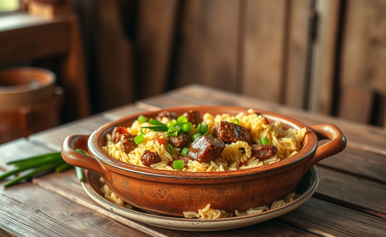 Prato de arroz carreteiro com carne de sol, servido em panela de barro, enfeitado com cebolinha