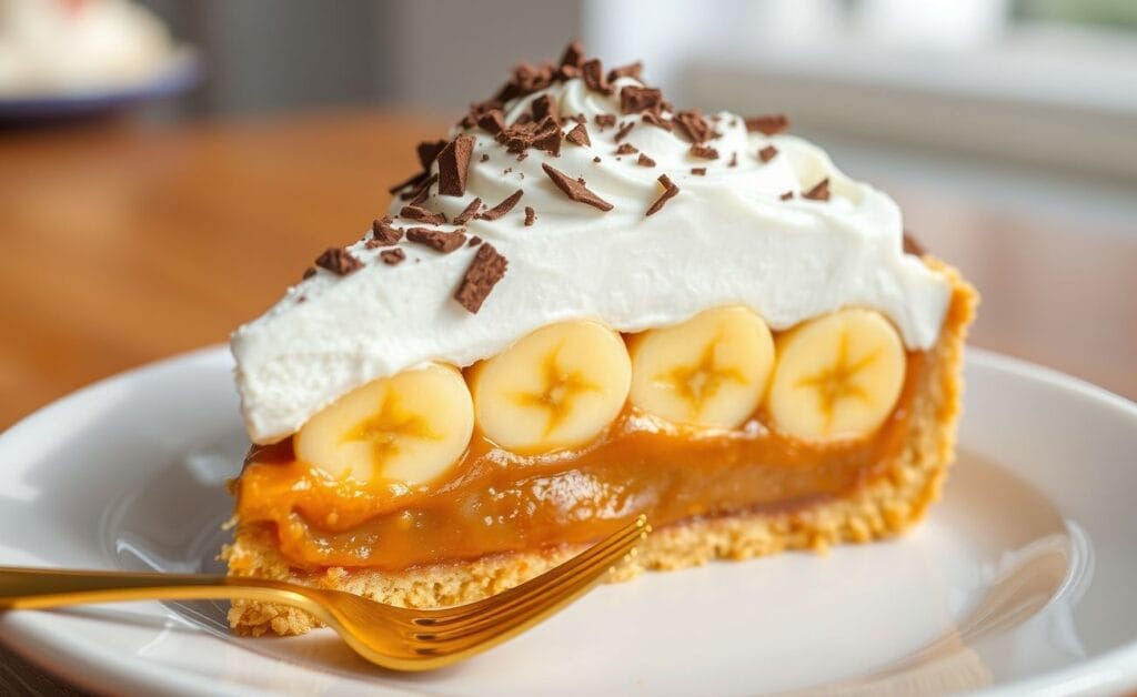 Uma fatia de Banoffee Torta de Banana Com Doce de Leite, mostrando camadas de creme, banana e doce de leite.