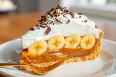 Uma fatia de Banoffee Torta de Banana Com Doce de Leite, mostrando camadas de creme, banana e doce de leite.