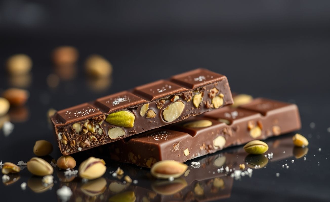 Barra de chocolate escuro com pistache e cardamomo, textura brilhante e rica