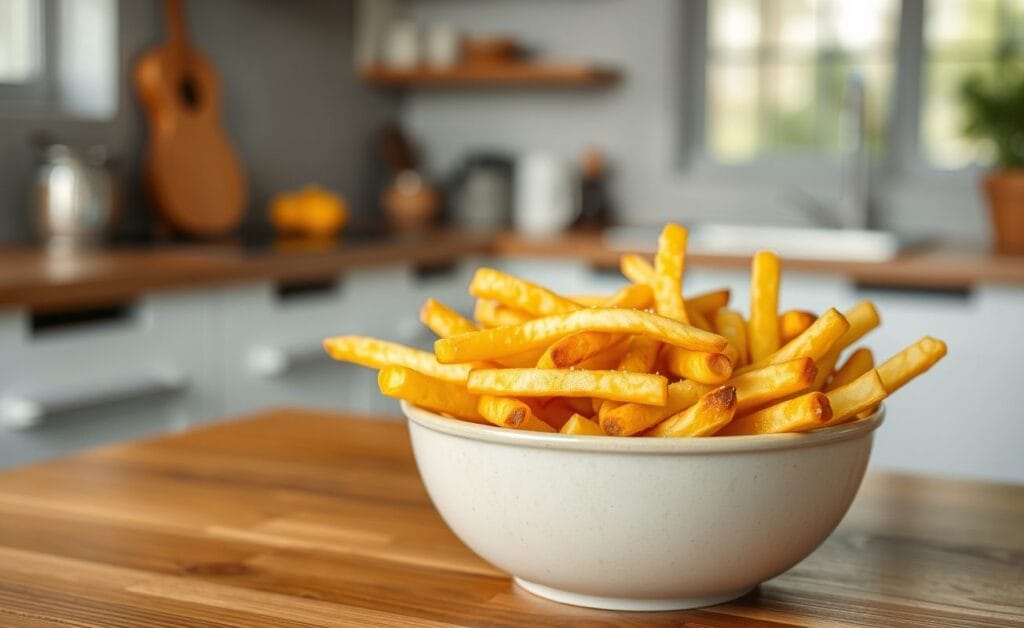 Bowl de batatas fritas crocantes douradas com sal, em uma mesa de madeira