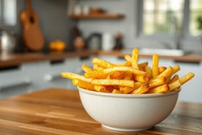 Bowl de batatas fritas crocantes douradas com sal, em uma mesa de madeira