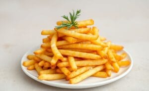 Batatas fritas douradas e crocantes feitas na Air Fryer, com um toque de sal marinho e alecrim