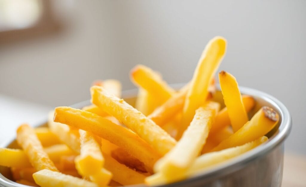 Bowl com batatas fritas douradas e crocantes, preparadas na air fryer, apresentando uma textura perfeita.