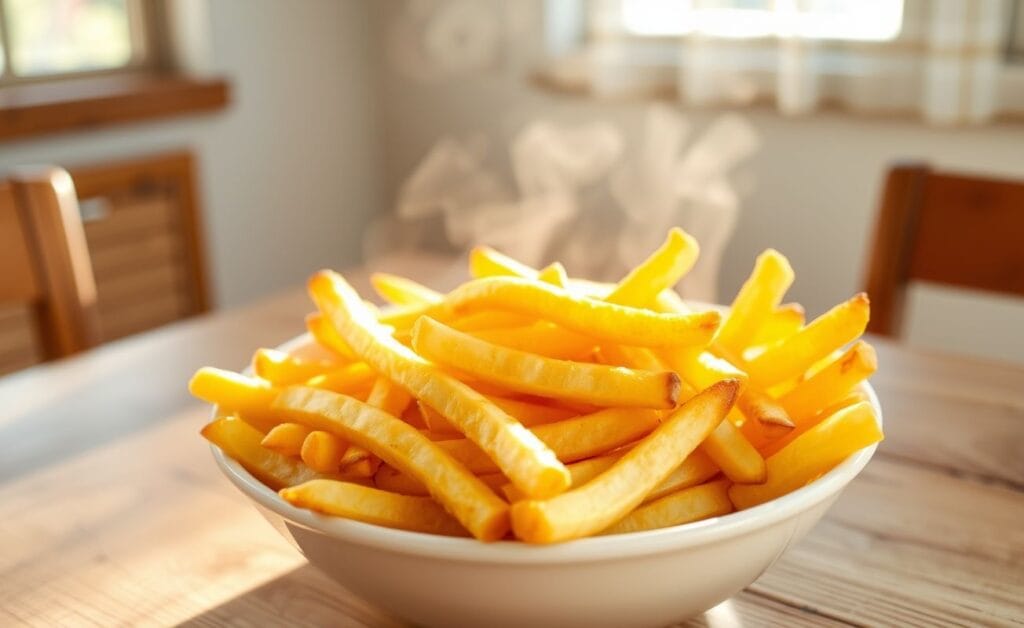 Batatas fritas crocantes e douradas feitas na Air Fryer, servidas em uma tigela branca