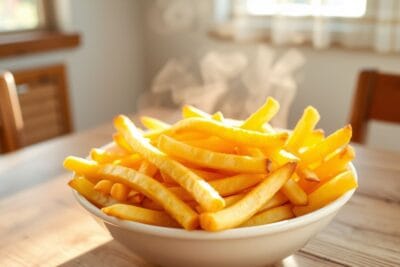Batatas fritas crocantes e douradas feitas na Air Fryer, servidas em uma tigela branca