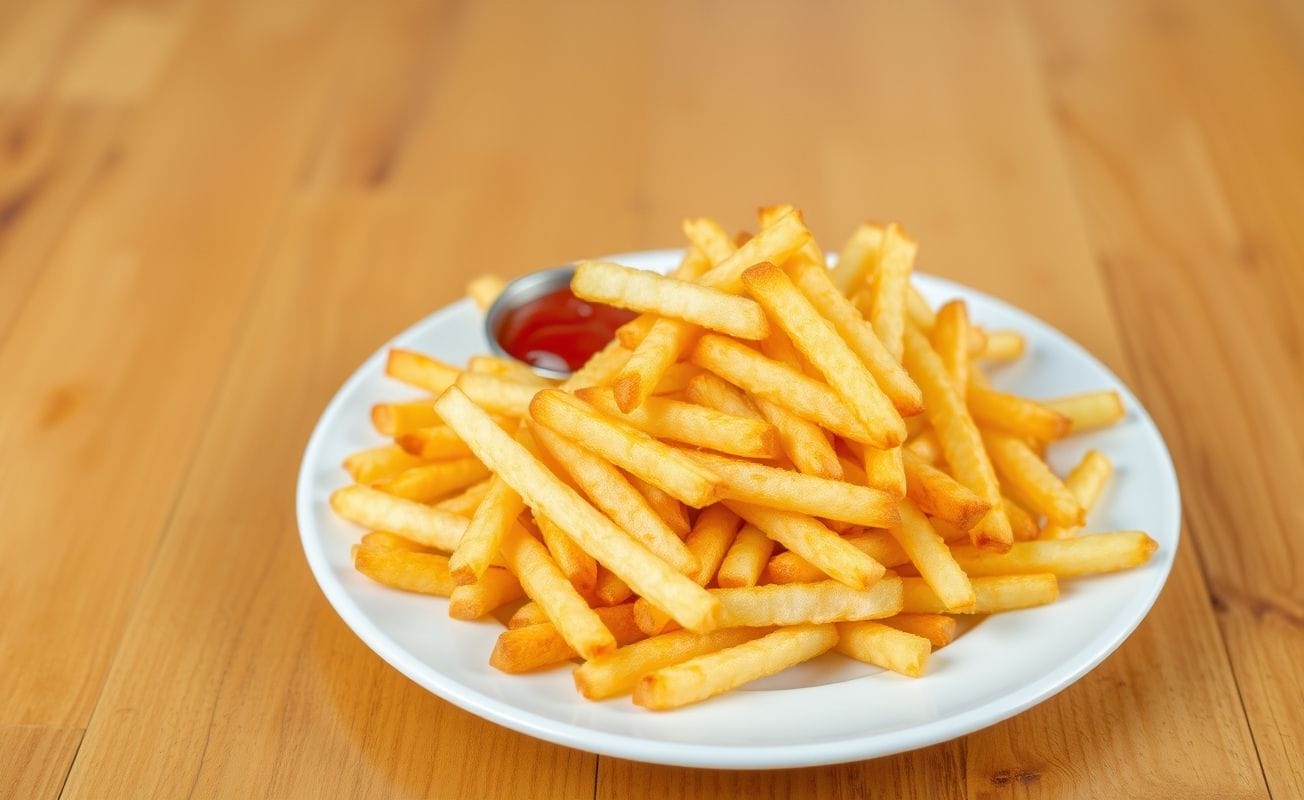 Crocantes e douradas batatas fritas feitas na air fryer, servidas com ketchup