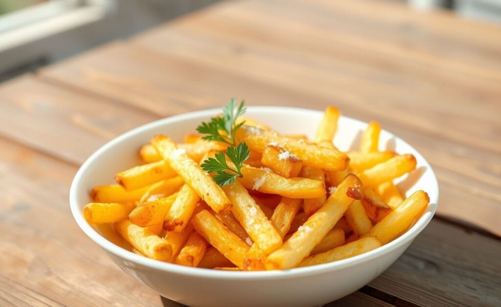 Batata frita crocante na air fryer dourada e servida em uma tigela branca