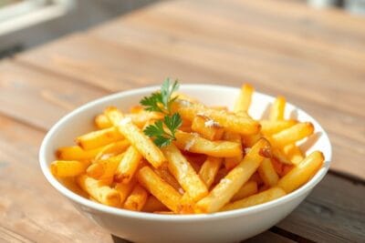 Batata frita crocante na air fryer dourada e servida em uma tigela branca