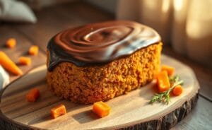 Bolo de cenoura com cobertura lisa e brilhante de chocolate, textura macia visível.