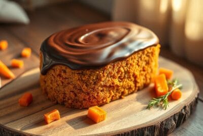 Bolo de cenoura com cobertura lisa e brilhante de chocolate, textura macia visível.