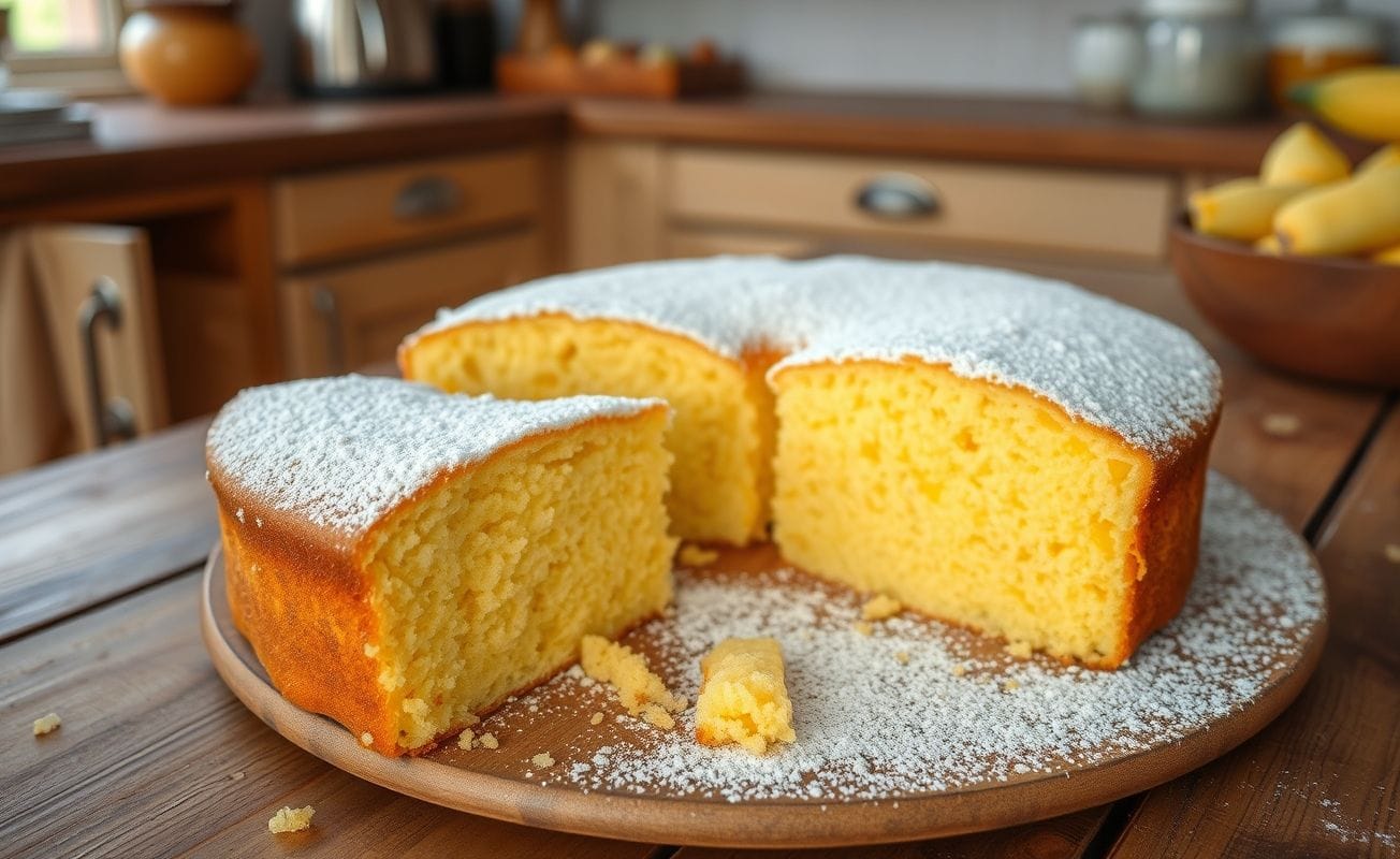 A fluffy cornmeal cake on a wooden table, with a slice partially cut out.