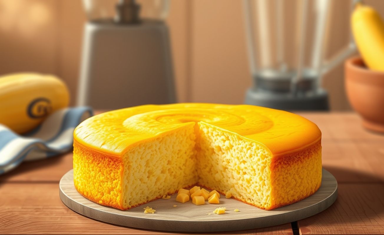 Bolo de milho cremoso com superfície dourada e textura úmida, servido em mesa de madeira