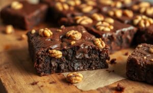 Brownie de chocolate com nozes, com superfície crocante e interior macio, servido em uma mesa de madeira.