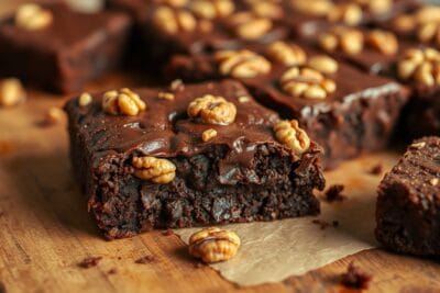 Brownie de chocolate com nozes, com superfície crocante e interior macio, servido em uma mesa de madeira.