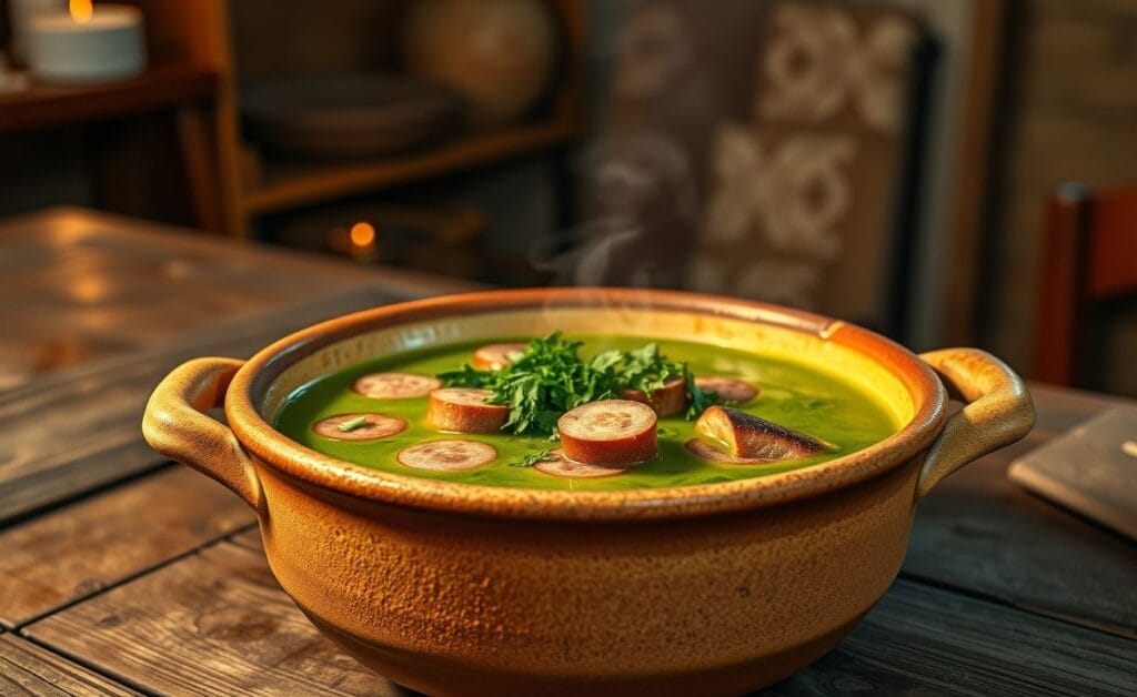 Imagem de caldo verde com linguiça em panela de barro, coberto com couve finamente cortada.