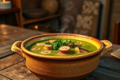 Imagem de caldo verde com linguiça em panela de barro, coberto com couve finamente cortada.