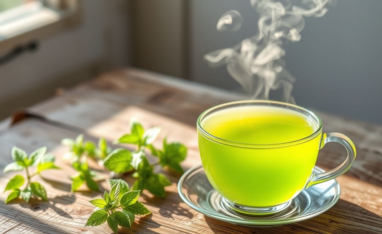 Uma xícara de chá de erva cidreira, com vapor sutil e uma cor verde vibrante, pronta para beber.