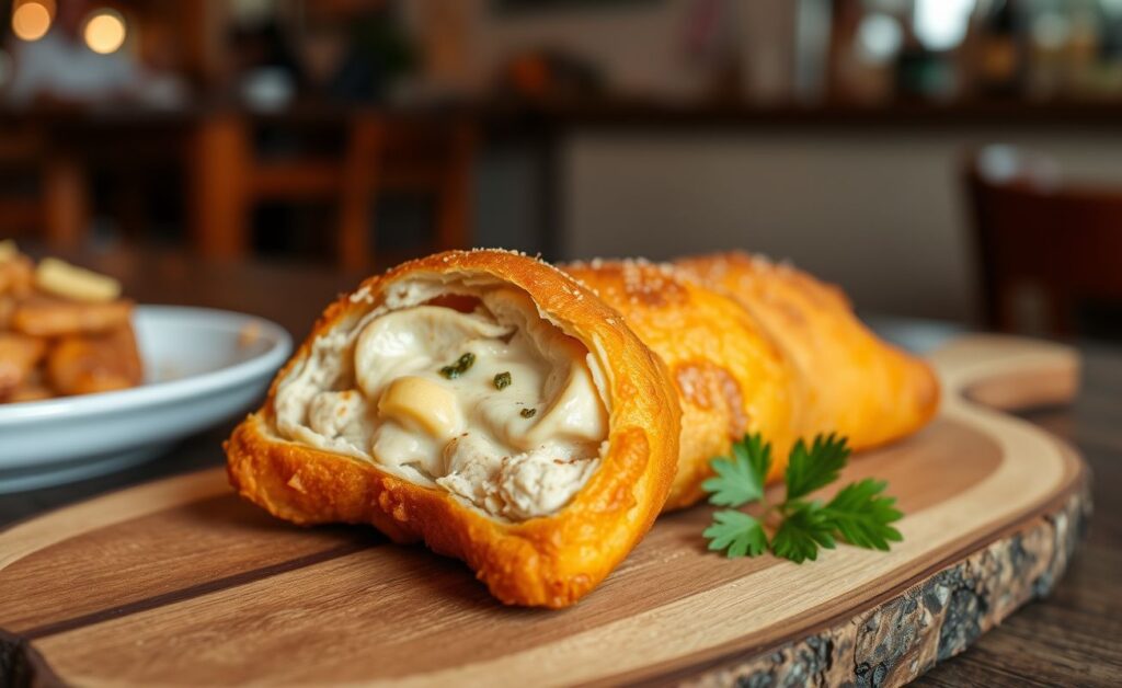 Coxinha dourada com recheio cremoso de frango e catupiry, apresentado com salsinha sobre madeira rústica.