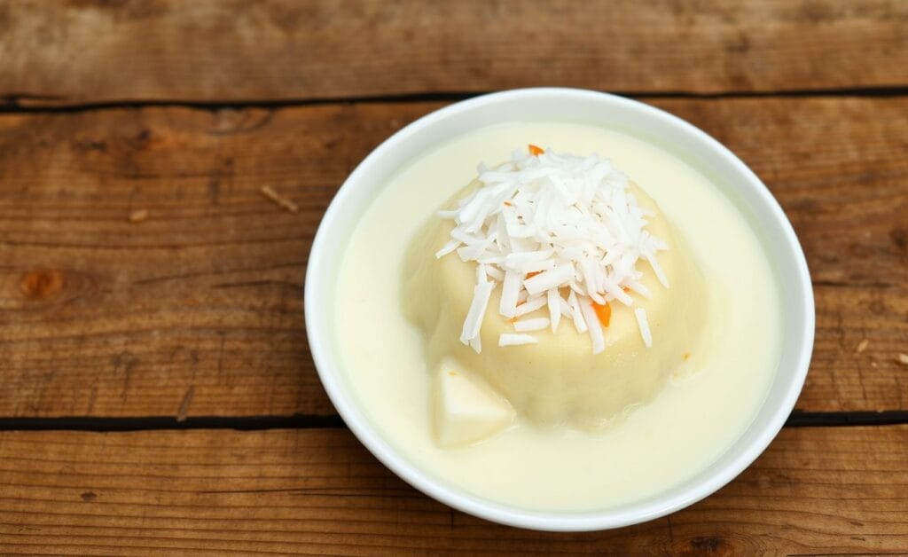 Cuscuz nordestino com leite de coco servido quente, coberto com coco fresco ralado.