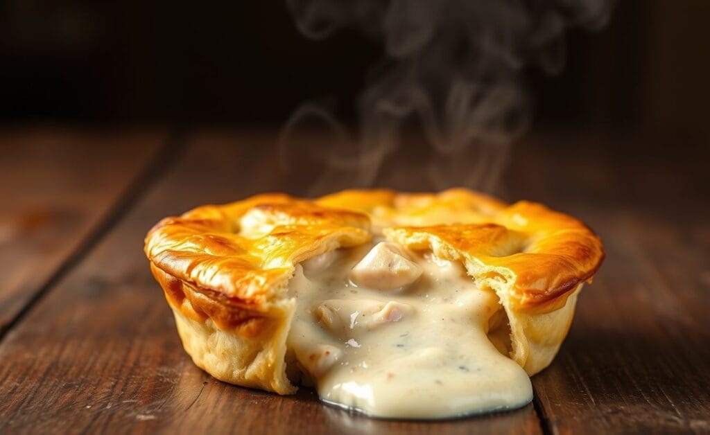 Empadão de frango cremoso com crosta dourada e recheio cremoso visível