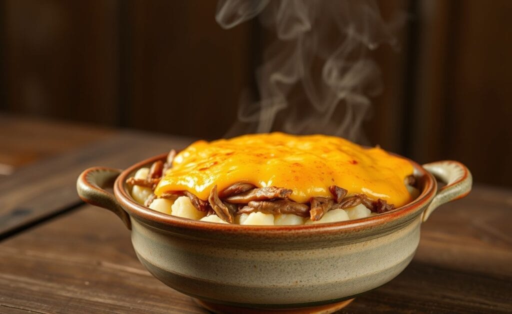 Uma camada dourada de queijo sobre purê de mandioca cremoso com carne seca