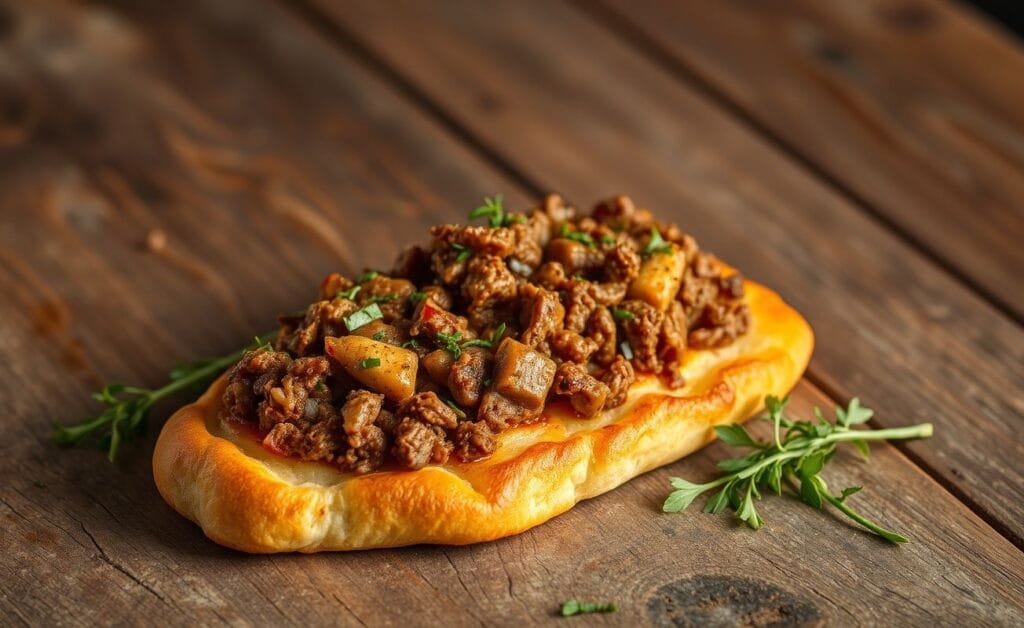 Imagem de uma Esfiha Aberta de Carne com recheio generoso e massa dourada.