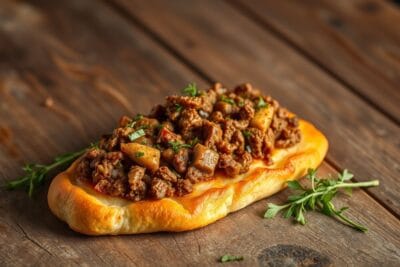 Imagem de uma Esfiha Aberta de Carne com recheio generoso e massa dourada.