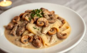 Prato de estrogonofe de carne com creme de leite, mostrando tiras de carne e cogumelos em molho cremoso.