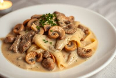 Prato de estrogonofe de carne com creme de leite, mostrando tiras de carne e cogumelos em molho cremoso.