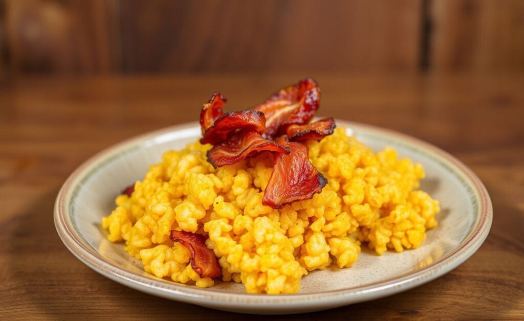 Prato de farofa crocante com bacon servida, com cores douradas e textura apetitosa