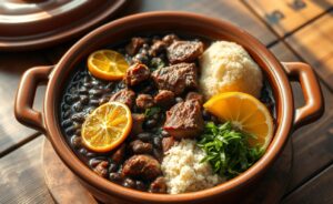 Feijoada completa servida em panela de barro com laranja, couve e farofa