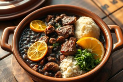 Feijoada completa servida em panela de barro com laranja, couve e farofa