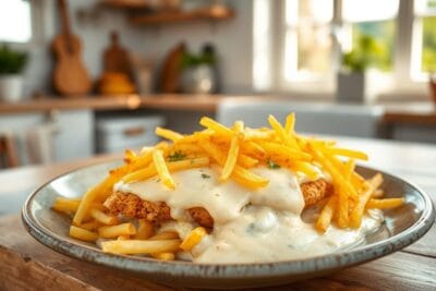 Prato de Fricassê de Frango com Batata Palha, com camada cremosa e cobertura crocante.