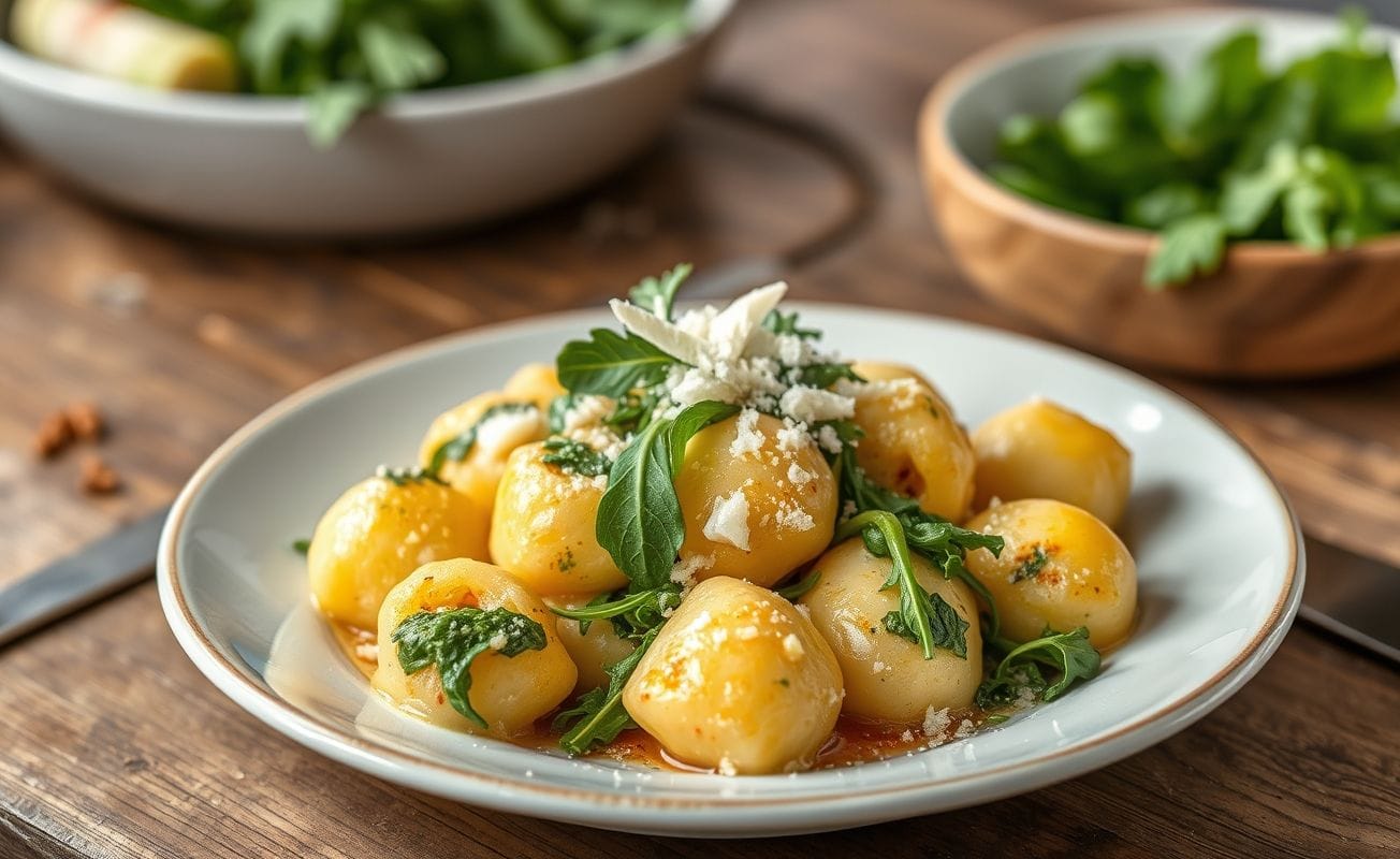 Delicioso gnocchi recheado com folhas de rúcula fresca e muçarela derretida