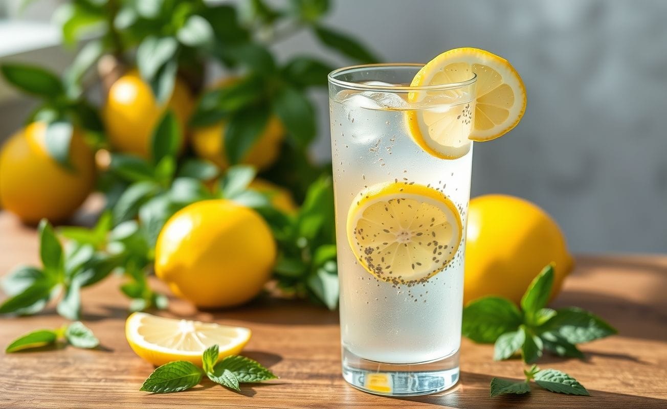 Copo transparente com água de chia e rodelas de limão, fundo natural