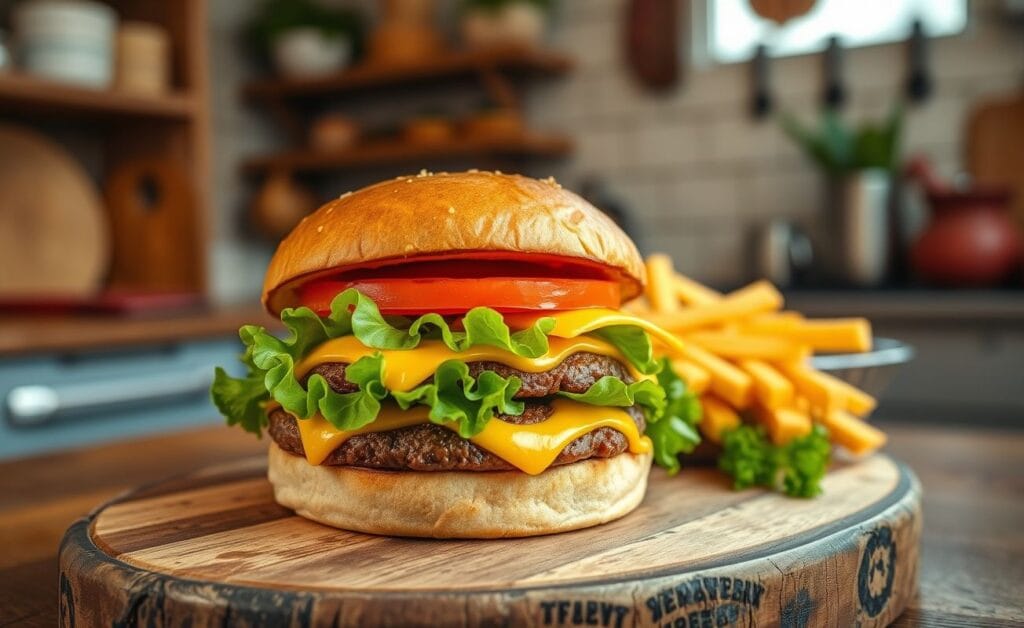 Hambúrguer suculento com alface, tomate e queijo derretido em um pão tostado