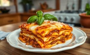 Uma porção de Lasanha à Bolonhesa Gratinada, com camadas de queijo dourado e molho vermelho.