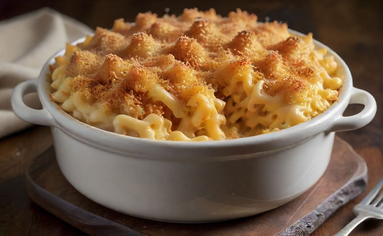 Macarrão coberto com uma crosta dourada e queijo derretido, servido quente.