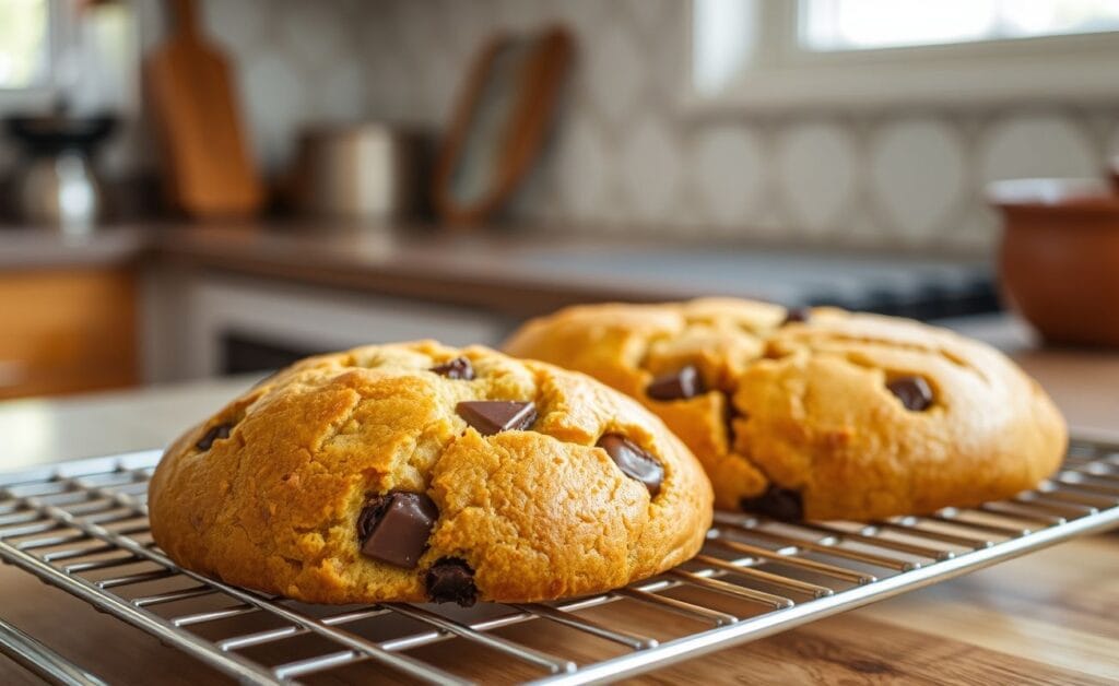 Close-up de Montanha Russa Biscoitão Viral com pedaços de chocolate derretido e bordas douradas.