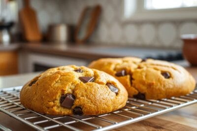 Close-up de Montanha Russa Biscoitão Viral com pedaços de chocolate derretido e bordas douradas.