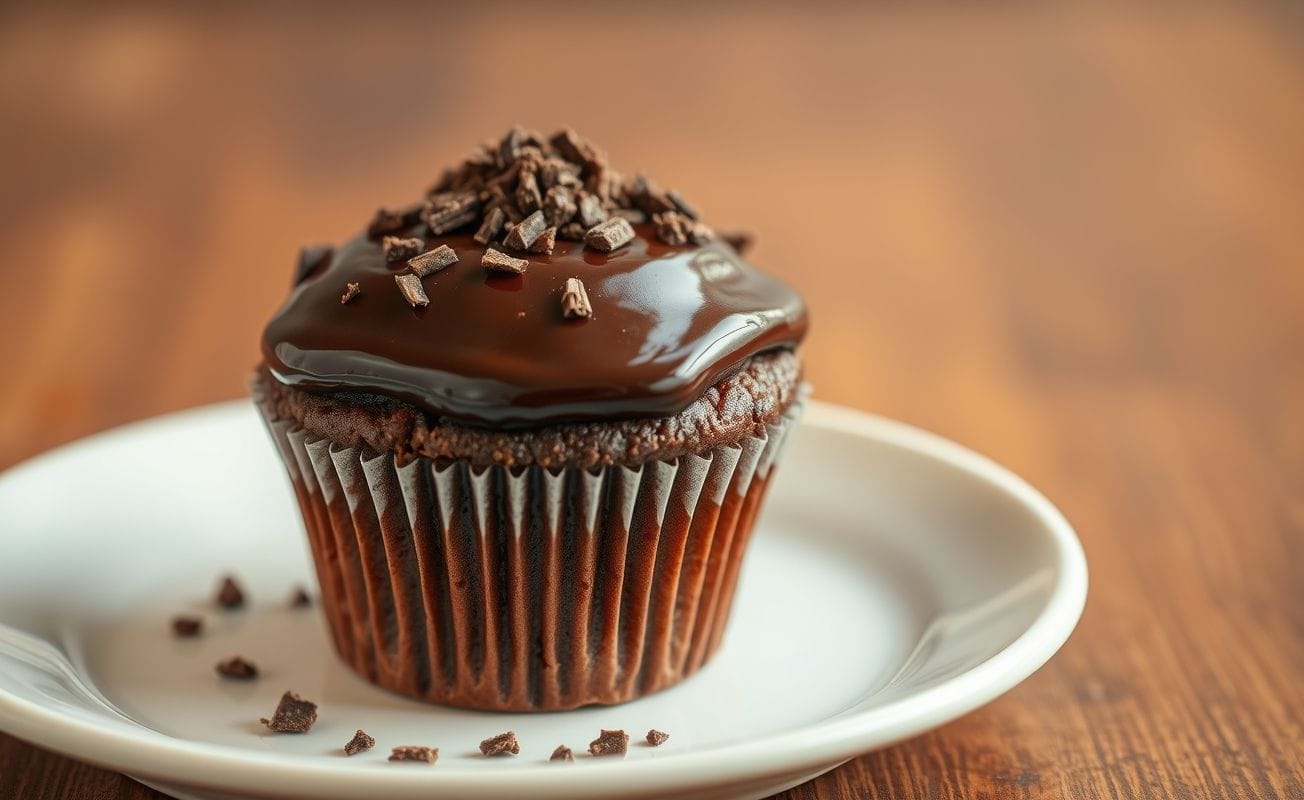 Muffin de chocolate úmido com cobertura de chocolate brilhante em prato branco.