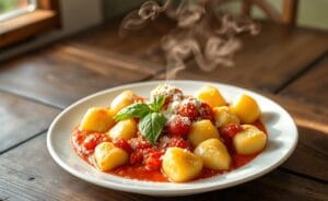 Prato de nhoque de batata com molho vermelho, coberto com parmesão e manjericão, apresentando textura macia e cores vibrantes.