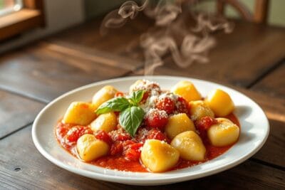 Prato de nhoque de batata com molho vermelho, coberto com parmesão e manjericão, apresentando textura macia e cores vibrantes.