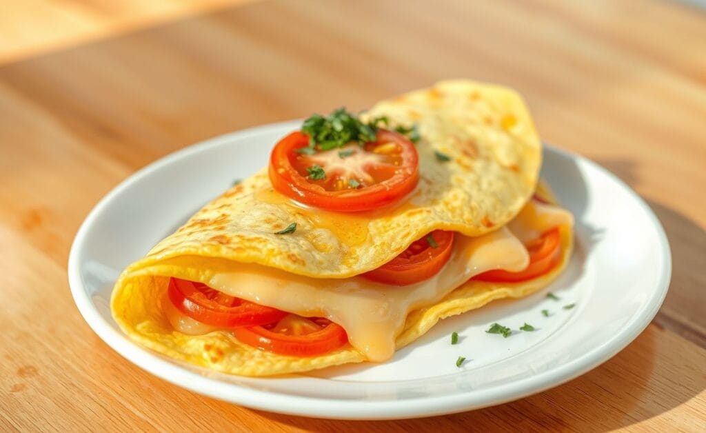 Omelete dourada recheada com queijo derretido e pedaços de tomate fresco