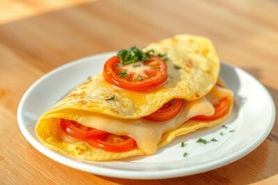 Omelete dourada recheada com queijo derretido e pedaços de tomate fresco