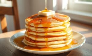 Pilha fofa de panquecas americanas douradas com manteiga no topo