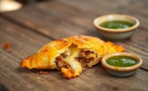 Pastel dourado e crocante com recheio visível, servido em mesa de madeira