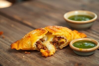 Pastel dourado e crocante com recheio visível, servido em mesa de madeira