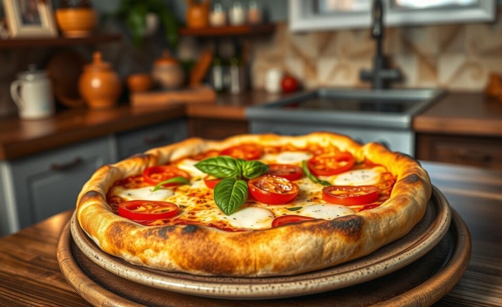 Pizza de frigideira rápida com queijo derretido e manjericão fresco